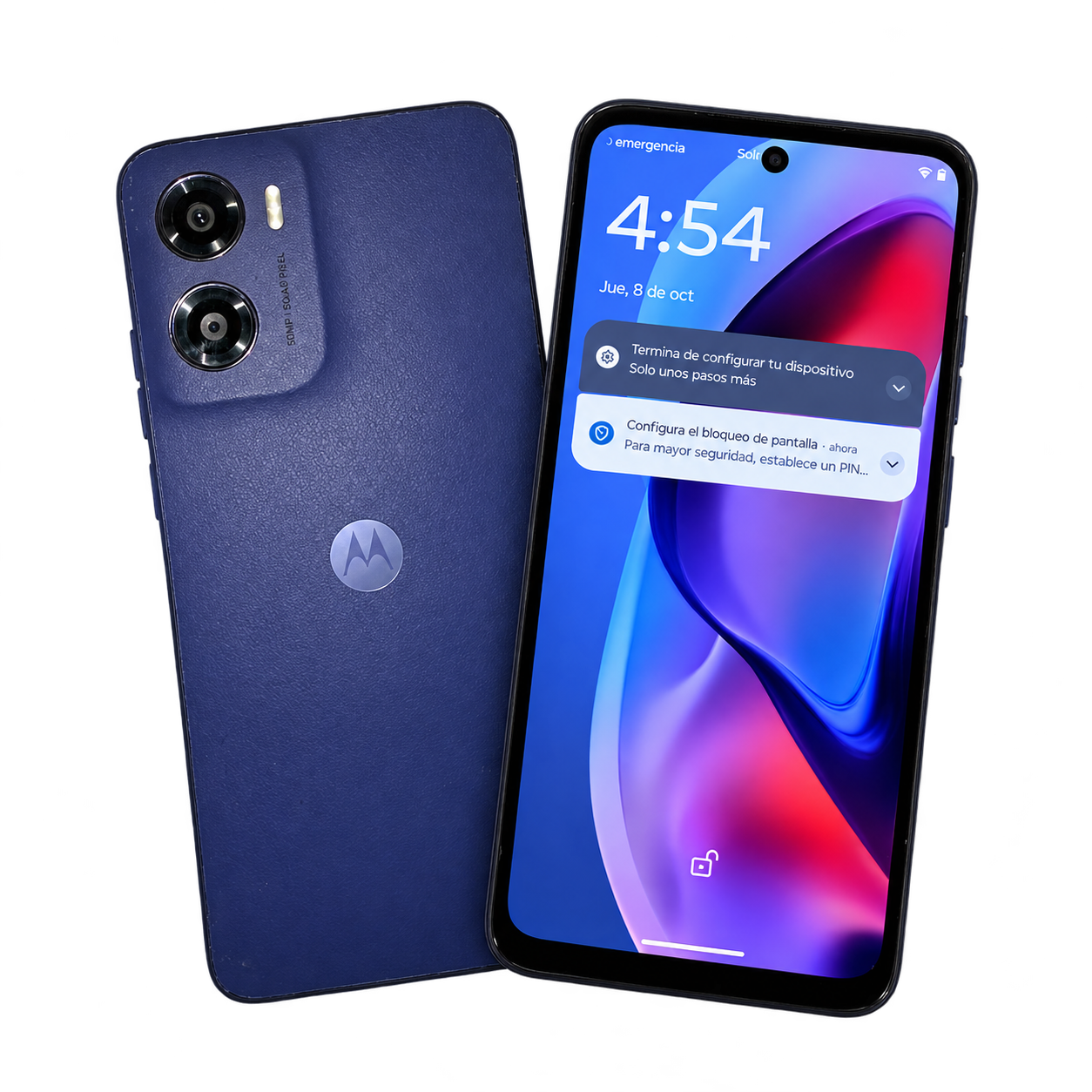 Celular Motorola azul, vista del frente y de la parte trasera